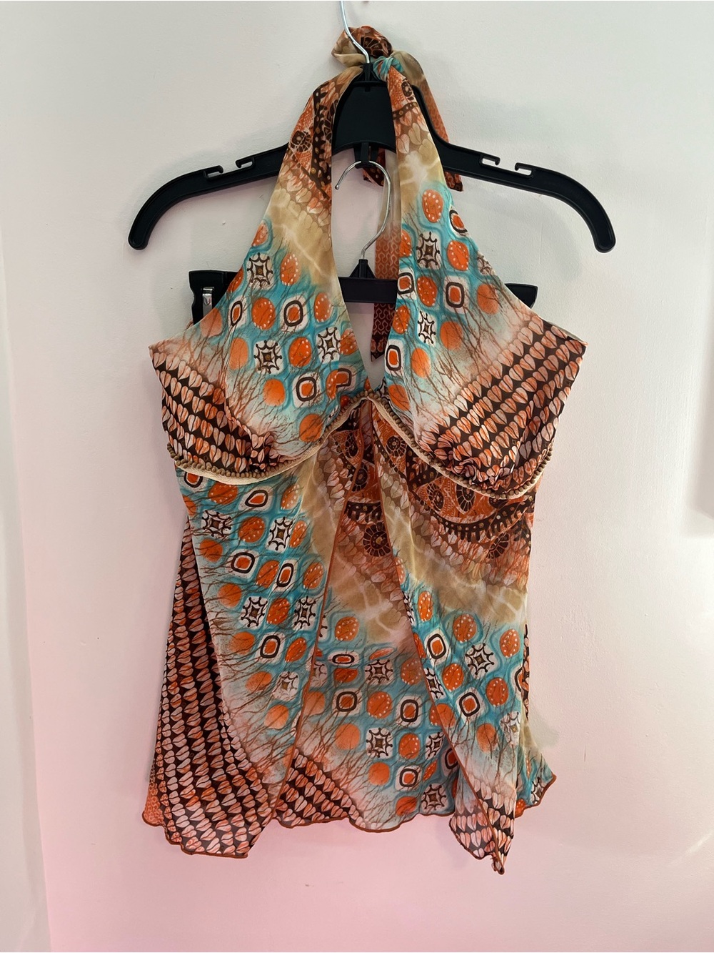 Y2K Halter Neck Printed Top in Teal and Orange Beaded - Size XL